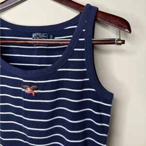 Vintage American Living Women’s Navy Blue And White Striped Flag Eagle Y2K Large